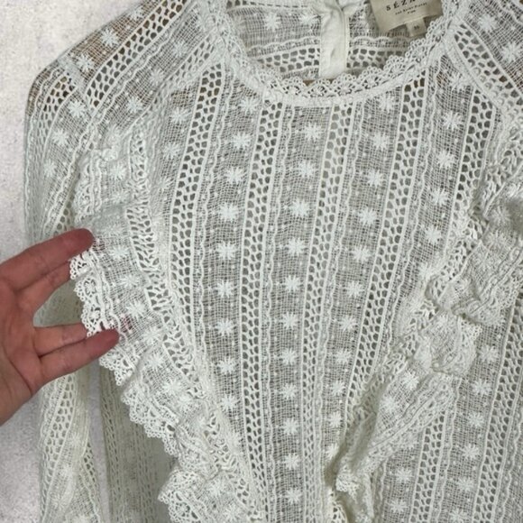 Sezane Madeleine Blouse Ecru Size 36 French US 4 Lace Embroidered Top Ruffle Dot - Picture 6 of 16